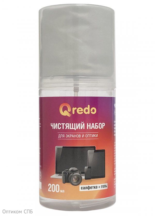 Набор Qredo для чистки экранов и оптики, салфетка из микрофибры + очищающий гель 200 мл - фото №1