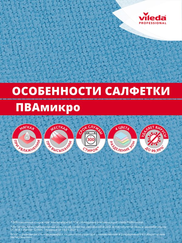 Салфетка ПВА микро 35х38 см, голубая VILEDA АКЦИЯ 4+1 шт