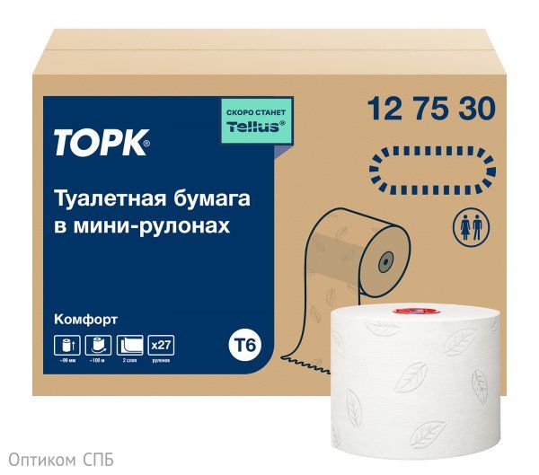 Туалетная бумага Торк Миди Комфорт, T6, 2-слойная, белая, 100 метров, 27 рулонов в коробке