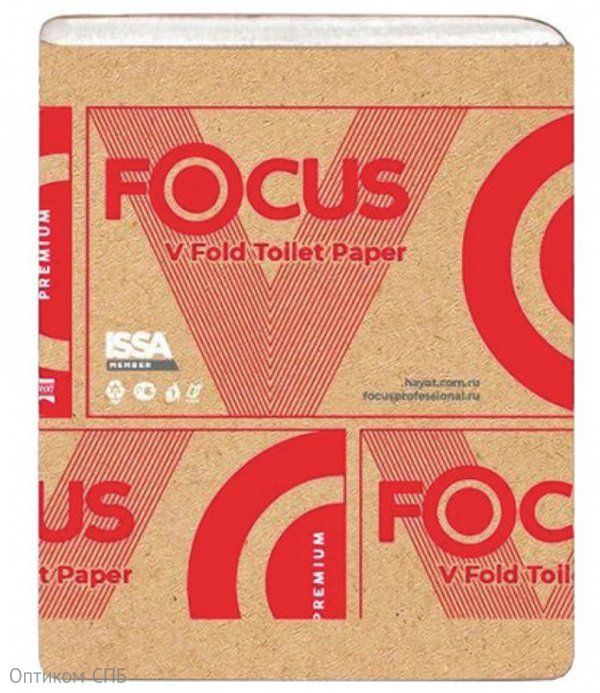 Туалетная бумага Focus, 250 листов, 2-слойная, листовая, белая, 10,8х23 см, V-сложения, 15 упаковок в мешке