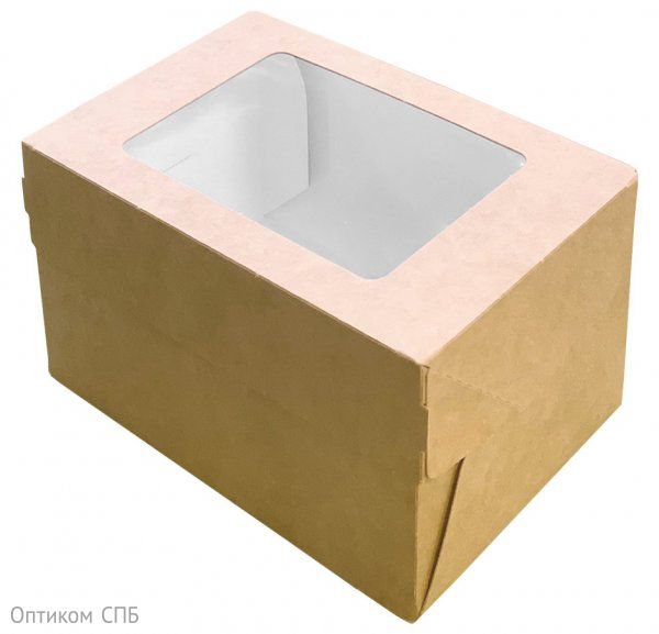 Коробка для пирожных с прозрачным окном Оригамо 150х100х85 мм, крафт, быстросборная, склеенная, 175 штук 