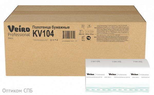 Полотенца бумажные листовые Veiro Professional Basic KV104, 1-слойные, V-сложения, 250 листов в упаковке, белые, 20 пачек в коробке