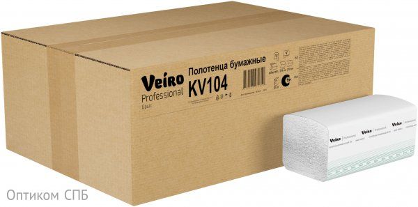 Полотенца бумажные листовые Veiro Professional Basic KV104, 1-слойные, V-сложения, 250 листов в упаковке, белые, 20 пачек в коробке