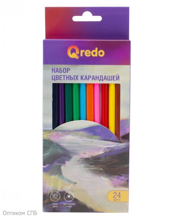 Карандаши цветные Qredo Mountain River, 24 цвета, деревянные, трехгранные