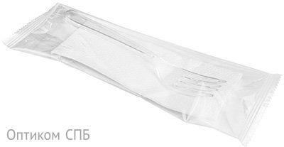 Комплект одноразовых приборов "2" (вилка прозрачная, салфетка белая 24х24 см), 250 штук