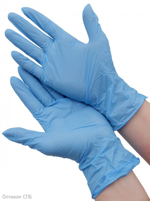 Перчатки нитриловые одноразовые Optiline, голубые, размер M, 200 штук в упаковке - фото №1