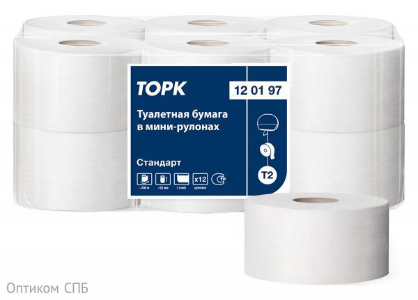 Туалетная бумага Торк Стандарт, Т2, 1-слойная, белая, 200 метров, 12 рулонов в упаковке - фото №1