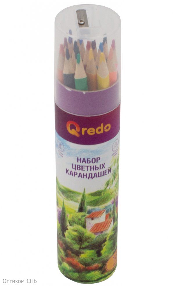 Карандаши цветные Qredo Landscape, 18 цветов, деревянные, трехгранные, туба с точилкой