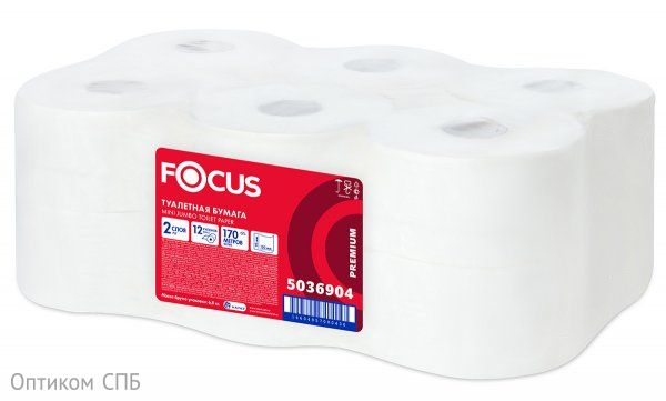 Туалетная бумага Focus Mini Jumbo 2-слойная, 170 метров, белая, в упаковке 12 штук