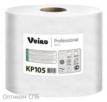 Полотенца бумажные с центральной вытяжкой Veiro Professional Basic KP105, 1-слойные, белые, 300 метров, 6 рулонов в упаковке