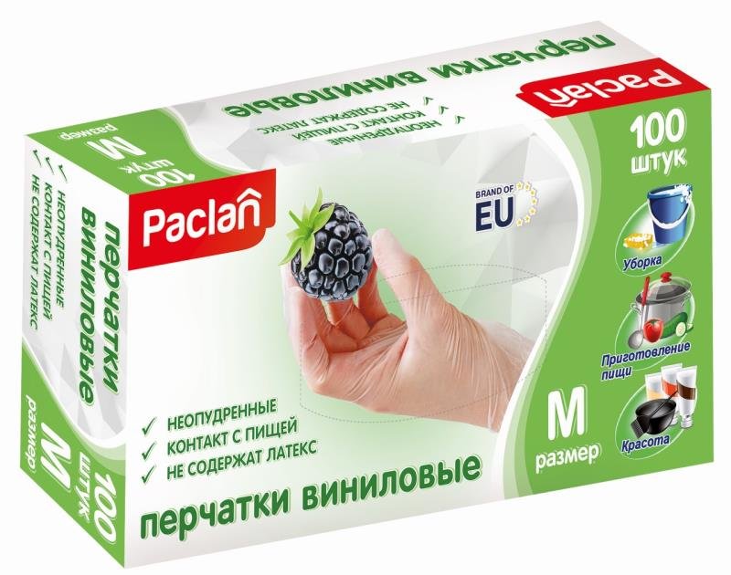 Перчатки виниловые Paclan неопудренные, размер М, прозрачные, 100 штук