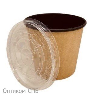 Контейнер бумажный 760 мл, диаметр 116 мм, высота 110 мм, с пластиковой крышкой, крафт/чёрный, 250 штук