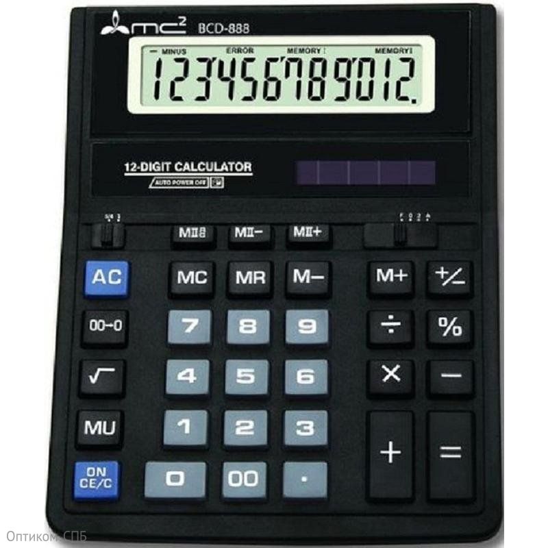 Калькулятор MC2 BCD-888 в пластиковом корпусе с 12-разрядным ЖК-дисплеем. Имеет оптимальный набор вычислительных функций: основные математические операции, расчет процентов, извлечение квадратного корня, запоминание промежуточных результатов. Удобная клавиатура снабжена кнопкой ввода двойного нуля. Питание калькулятора автоматически отключается после пяти минут бездействия.  Размер: 159 х 203 х 23 мм. Вес: 232г.