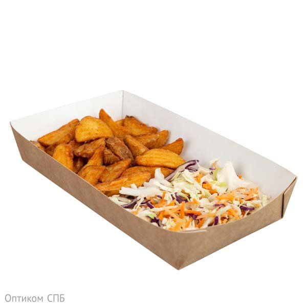 Лоток для хот-дога Оригамо изготовлен из крафтового картона, удерживает жир и влагу, не деформируется. Не требует сборки за счет объемной склейки. Прекрасно заменяет тарелку. Размер 230х130х40 мм. Объем 900 мл. В коробке 200 штук.