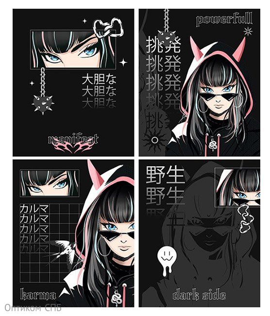 Тетрадь ПандаРог "Anime Noir" А5, 48 листов, на скрепке, клетка, мелованный картон 