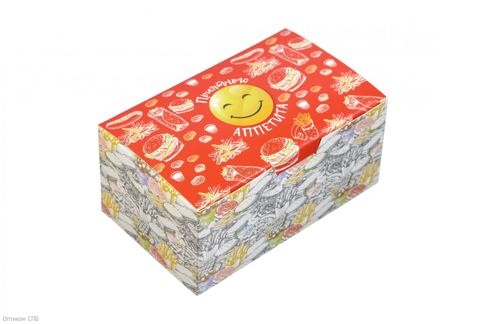 Коробка для еды навынос Оригамо "Smile", изготовлена из картона. С внешней стороны нанесен рисунок. Можно использовать для разогрева еды в микроволновой печи. Размер 150х91х70 мм. В коробке 200 штук.