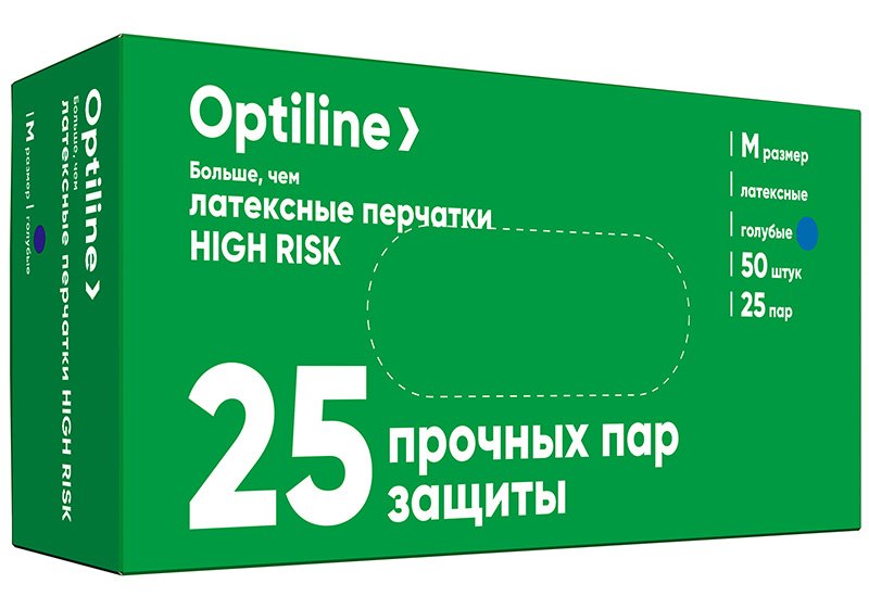 Перчатки латексные Optiline Хай риск (High Risk), размер M,16 грамм, голубые, 50 штук в упаковке, 10 упаковок в коробке ЧЗ