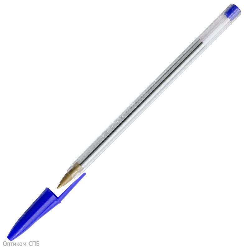 Шариковая ручка с синими чернилами. Толщина линии - 0,5 мм. Корпус выполнен из прозрачного пластика. Ручка одноразовая.