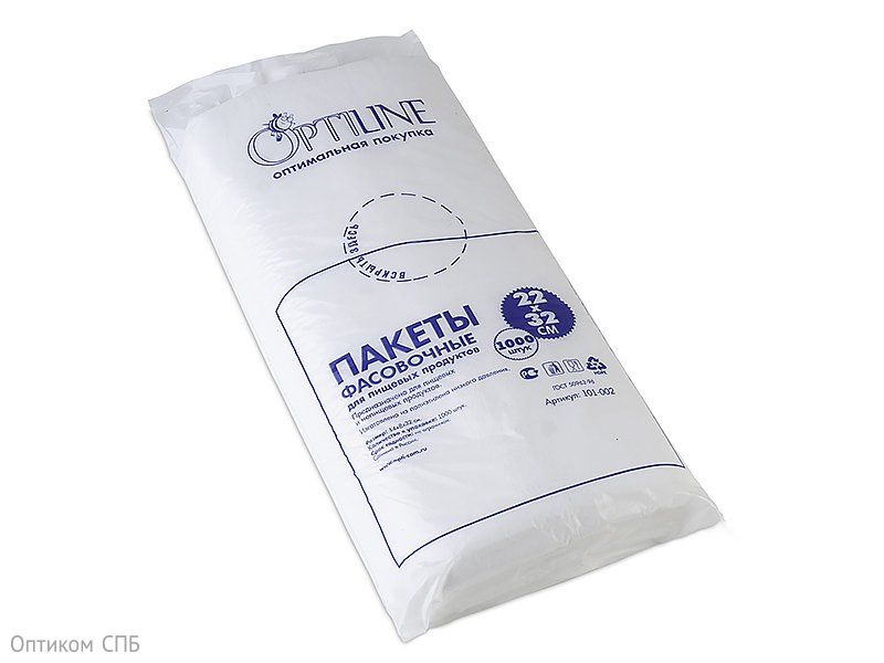 Фасовочные пакеты Optiline (Оптилайн) подходят для пищевых и непищевых продуктов, изготовлены из полиэтилена низкого давления. Размер пакета составляет 14х32 см, ширина бокового фальца - 8 см, плотность — 7 мкм. В одной упаковке содержится 1000 пакетов. В транспортной коробке 10 000 штук.