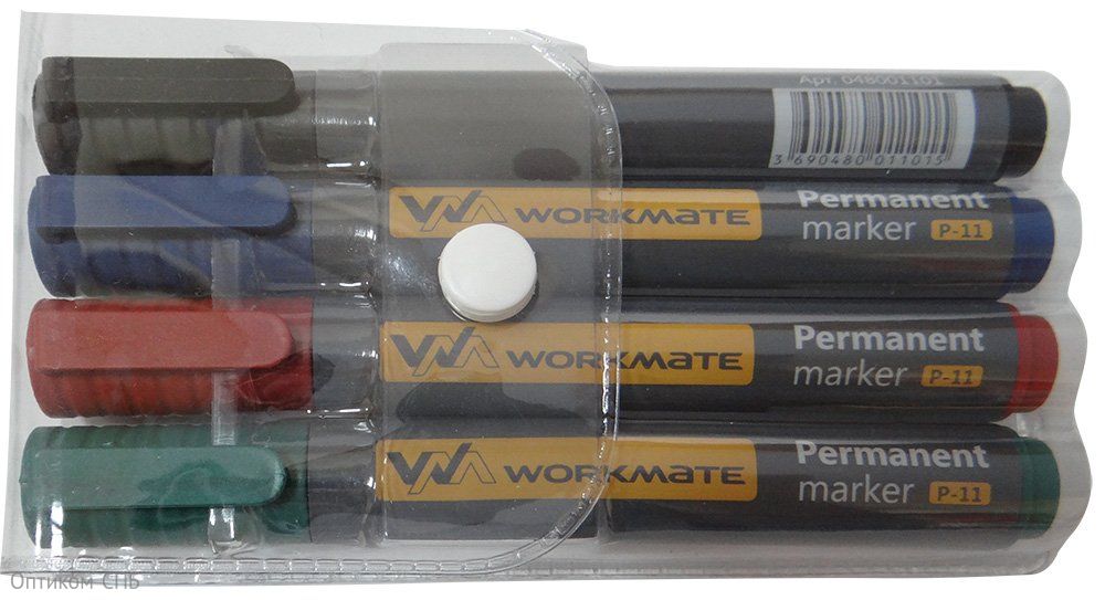 Набор перманентных маркеров Workmate P-11. Корпус из качественного пластика. Нестираемые чернила пишут на любой поверхности. Круглый наконечник обеспечивает толщину линии от 2 до 4 мм. В наборе 4 цвета: черный, синий, красный, зеленый.