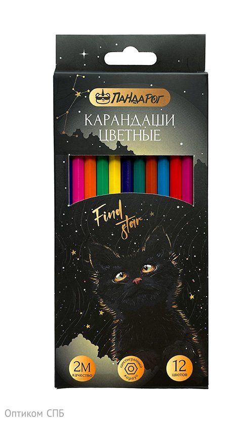 Карандаши цветные ПандаРог Mystery cat, 12 цветов, пластиковые, шестигранные
