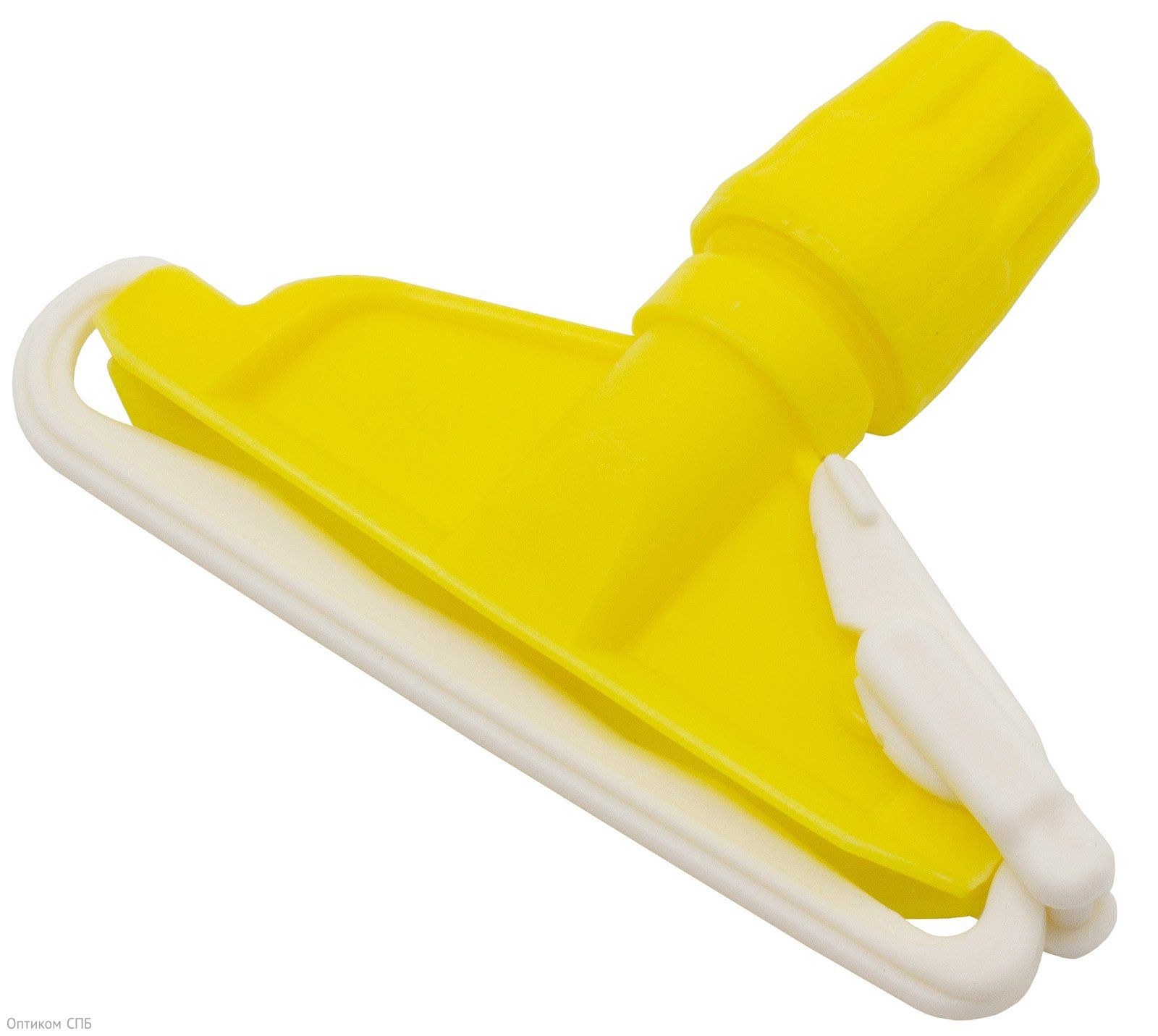Зажим для мопа кентукки Optiline применяется для фиксации мопа кентукки. Выполнен из противоударного пластика желтого цвета, устойчив к агрессивным моющим средствам. Предназначен для проведения влажной уборки внутренних помещений. Подходит для рукояток с фиксаторным креплением. Поставляется в индивидуальном прозрачном пакете.