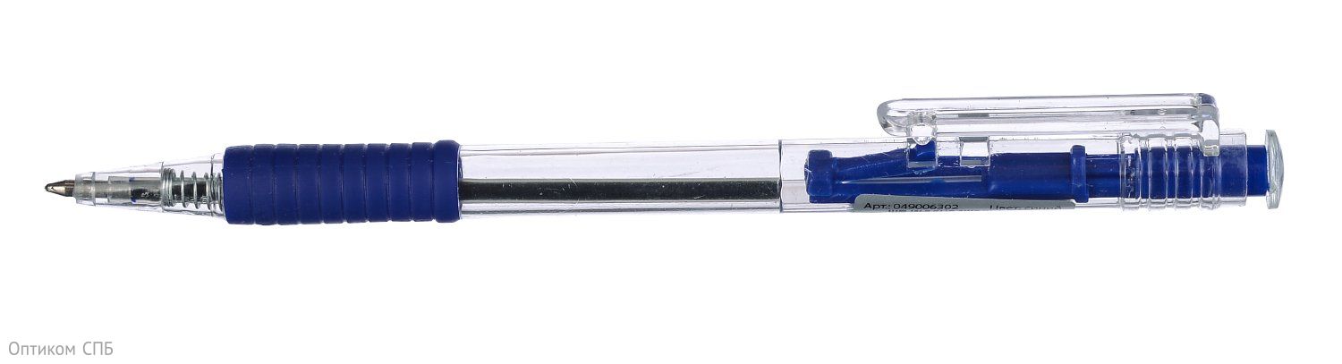 Автоматическая шариковая ручка в пластиковом прозрачном  корпусе, оснащена резиновой манжеткой для предотвращения скольжения пальцев во воремя письма и большего удобства при работе.Чернила синего цвета не растекаются, оставляют ровный и четкий след. Толщина линии письма - 0,5 мм.