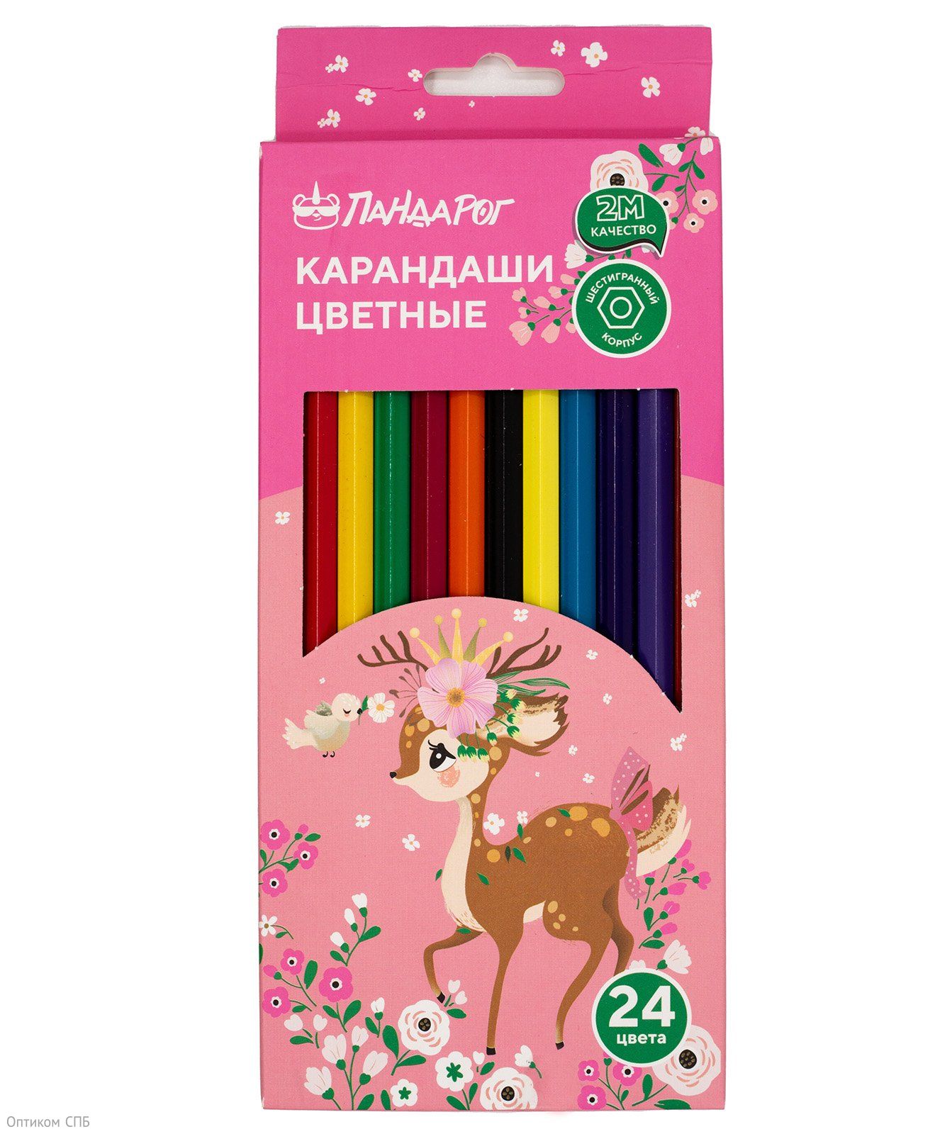 Карандаши цветные ПандаРог Олененок, 24 цвета, пластиковые, шестигранные