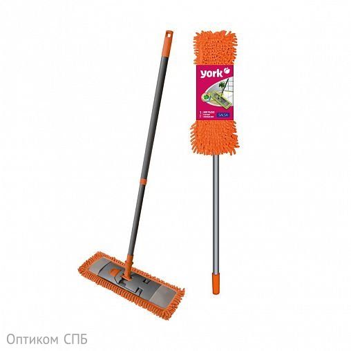Комплект York SALSA состоит из плоского мопа, рукоятки и держателя. Специальный вид микрофибры удаляет сильные загрязнения, также без использования моющих средств, легко вбирает, а затем выполаскивает частички грязи. Подходит для мытья и полировки всех видов полов. Подвижная пластина и усиленная телескопическая рукоятка облегчают уборку в труднодоступных местах. Рукоятка оснащена вращающейся петлей, на которую моп можно повесить на крючок. Длина рукоятки 130 см, размер МОПа 39х9,5 см.
