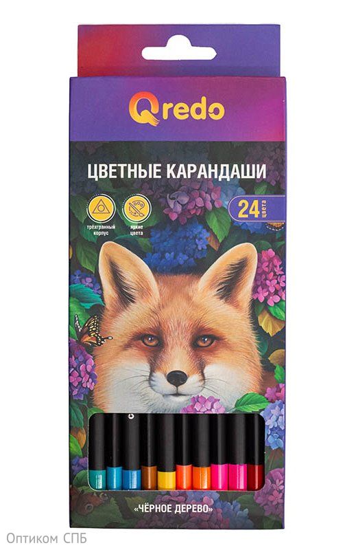 Карандаши цветные Qredo Fox, 24 цвета, пластиковые, трехгранные - фото №1