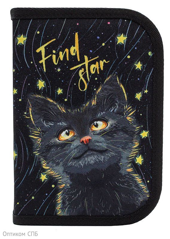 Пенал каркасный ПандаРог Mystery Cat, 1 отделение, 2 дополнительные откидные секции, 200х140х35 мм, ПЭС+картон