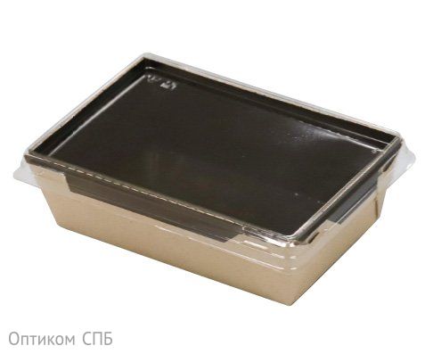 Салатник с прозрачной крышкой, подходит для холодных и горячих готовых блюд. Может использоваться для разогрева пищи в микроволновой печи, крышку предварительно снять. Изготовлен из бумаги крафтового цвета, дно черное. Внутренняя ламинация препятствует размоканию упаковки. Объем 400 мл. Размер салатника с крышкой 145х95х45 мм, размер основания 120х85 мм. В упаковке 400 штук.