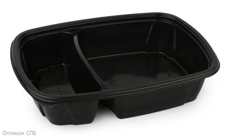 Контейнер СтиролПласт прямоугольный 950 мл, 230х170х50 мм, 2х-секционный, черный ПП, 50 штук (крышка 17-3080)