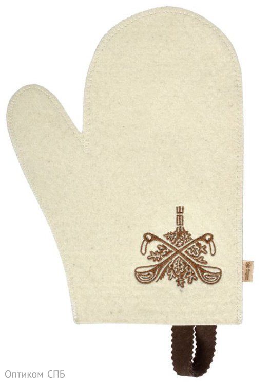 Рукавица для сауны белая с вышитым логотипом "Банные Штучки", войлок