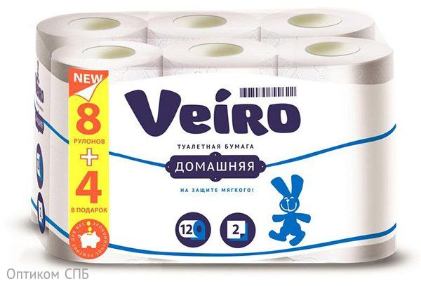 Туалетная бумага VEIRO ДОМАШНЯЯ, 2-слойная, (8+4) рулона. Артикул 12 ...
