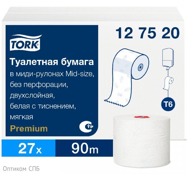 Туалетная бумага Tork Mid-size Premium T6, 2-слойная, белая, 90 метров ...